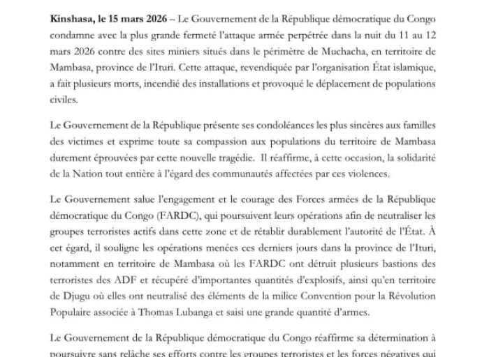 Ituri : le gouvernement condamne l’attaque de Muchacha et promet une riposte ferme contre les groupes terroristes